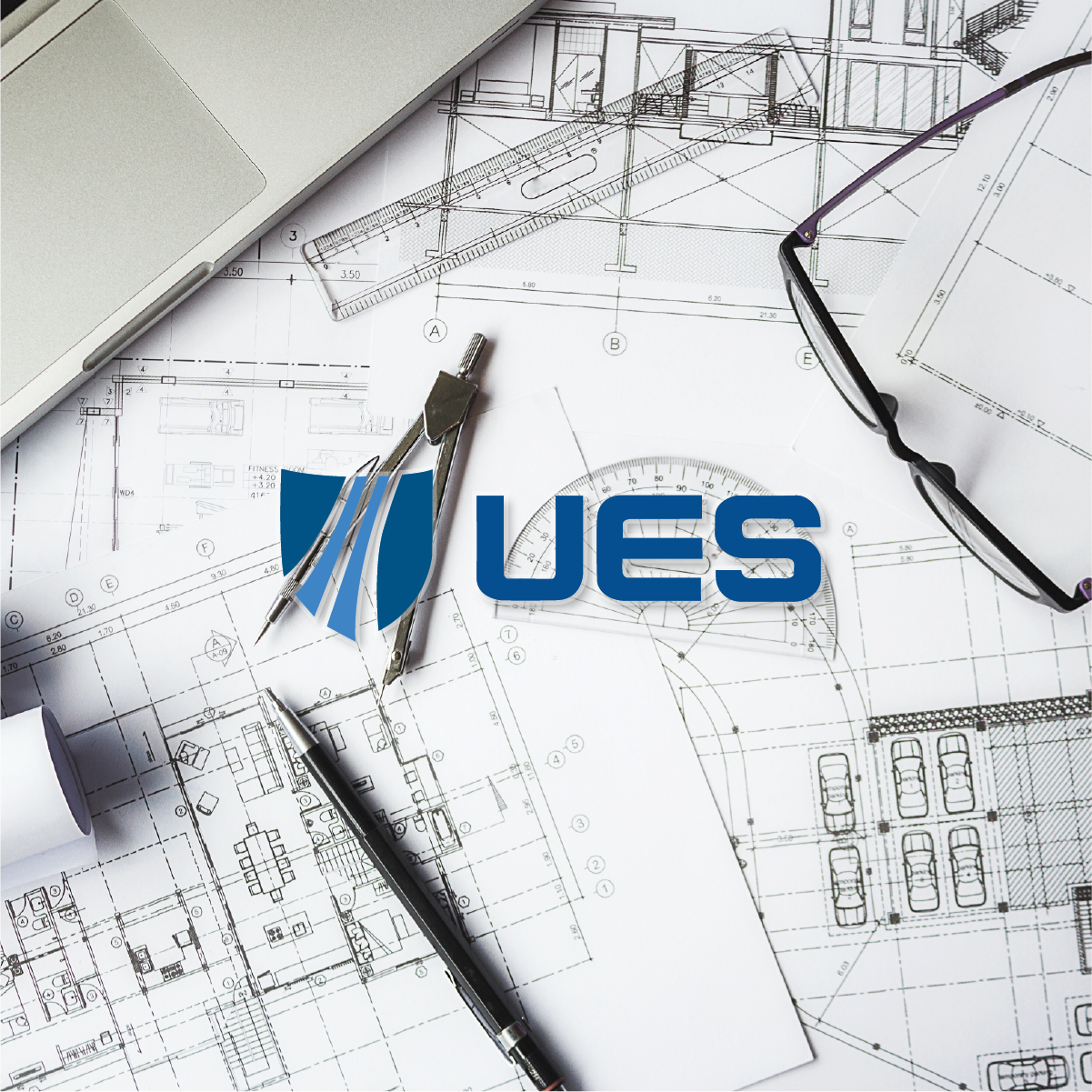 UES Vector Logo on Engineering Background.